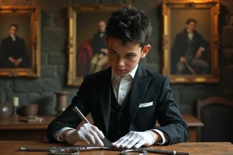 Jeune homme en costume noir polissant des dagues