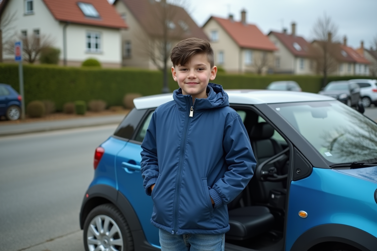 Jeune garçon de 15 ans sortant d'un quadricycle dans un parking résidentiel