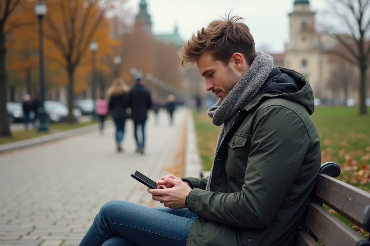 Jeune homme utilisant son smartphone dans un parc en automne
