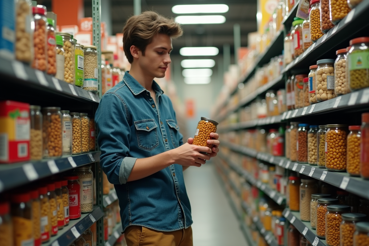 Jeune homme examine une boite de conserve dans une épicerie