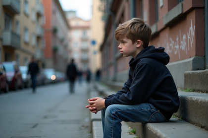 Jeune adolescent pensif en hoodie dans la ville