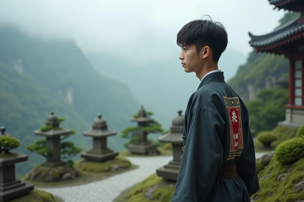Jeune homme en kimono dans un jardin japonais