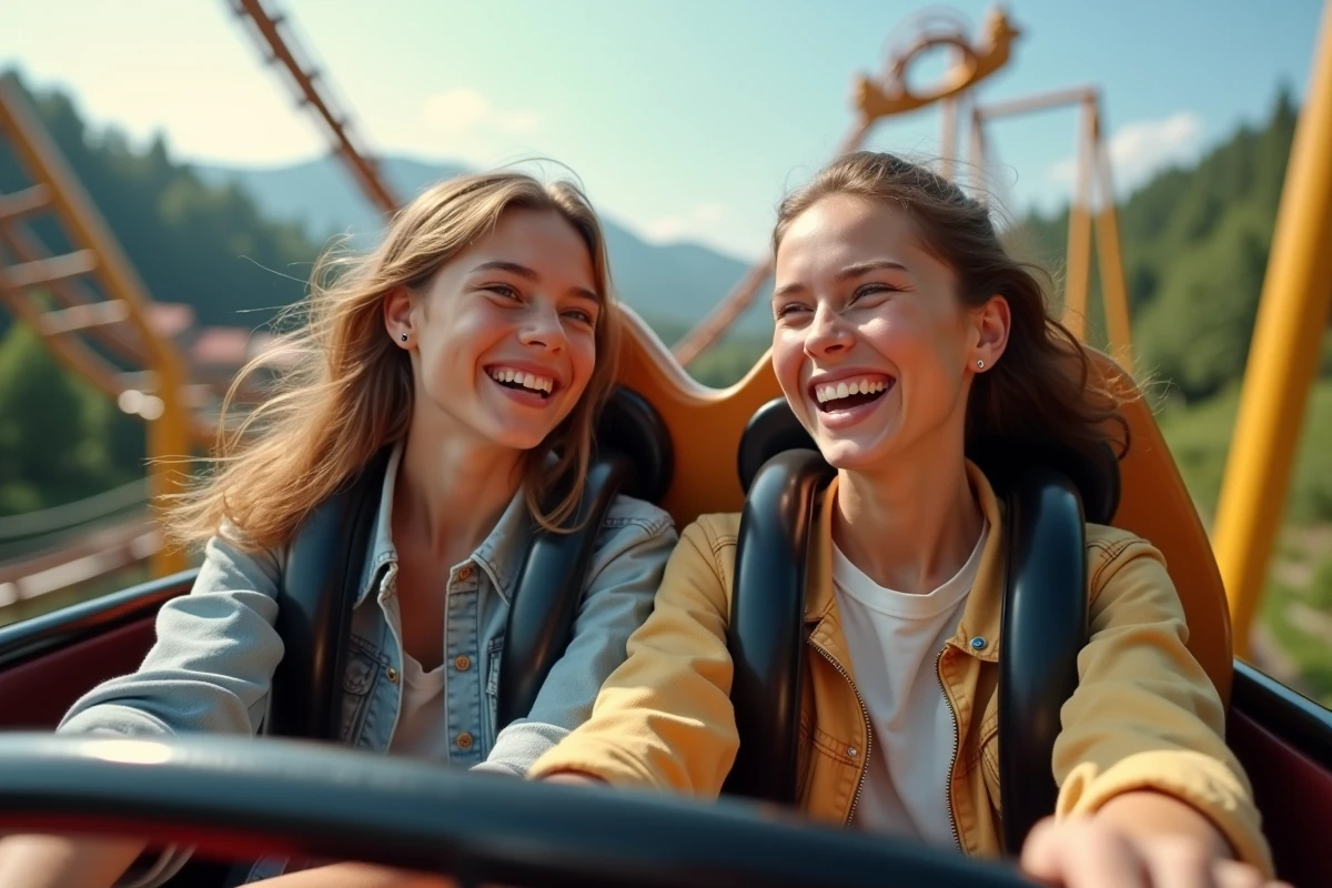 Adolescentes riant sur une montagne russe à Walibi