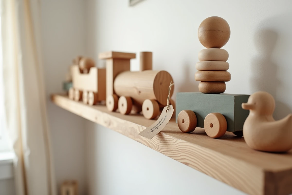 Collection de jouets en bois artisanaux sur une étagère avec une étiquette de code promotionnel
