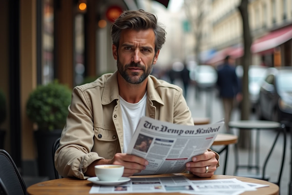 Journaliste lisant un tabloïd dans un café parisien symbolisant l'analyse critique de la couverture médiatique d'une personnalité publique