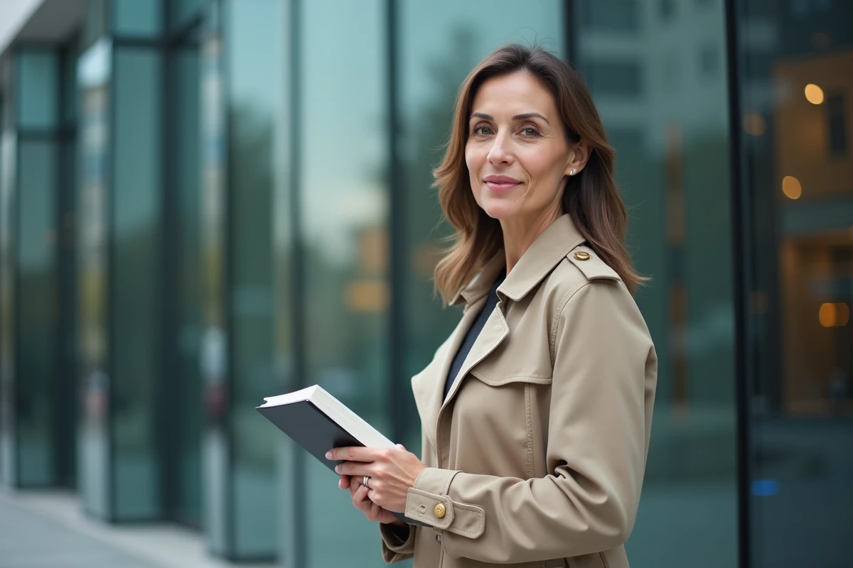 Journaliste debout devant un bâtiment médiatique moderne, carnet en main, expression professionnelle et réfléchie