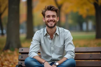 Homme souriant assis dans un parc en automne, illustrant la question de la paternité de Jules Torres
