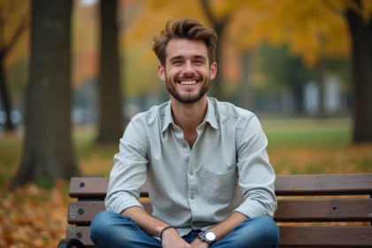 Homme souriant assis dans un parc en automne, illustrant la question de la paternité de Jules Torres