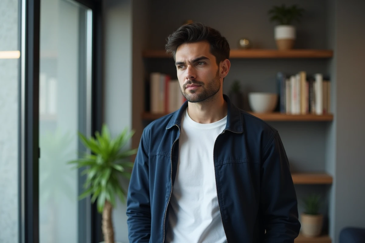 Portrait d'un homme pensif dans un appartement moderne, évoquant la vie privée et la question des enfants