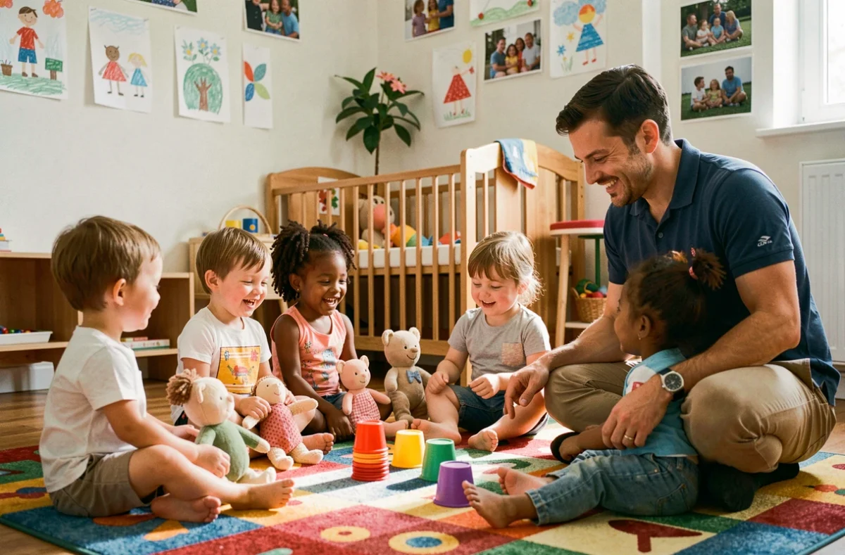 Groupe de tout-petits interagissant sous la guidance d'un éducateur dans la crèche Les Petits Potes axée sur la socialisation
