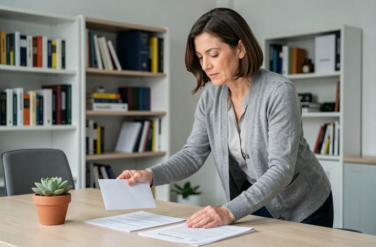 Femme déposant une enveloppe de lettre de résiliation de contrat assistante maternelle sur un bureau à domicile