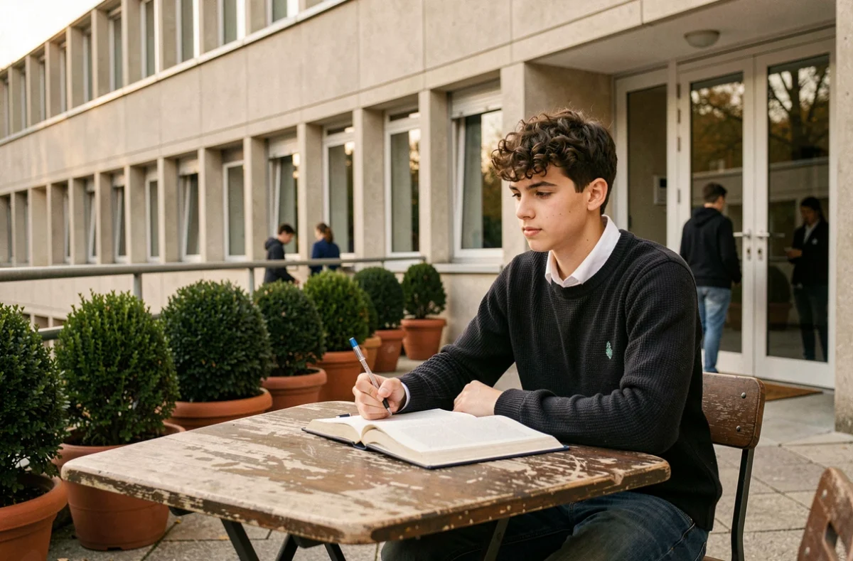 Lycéen qui étudie en terrasse au lycée Jeanne d'Arc dans les Hauts-de-Seine