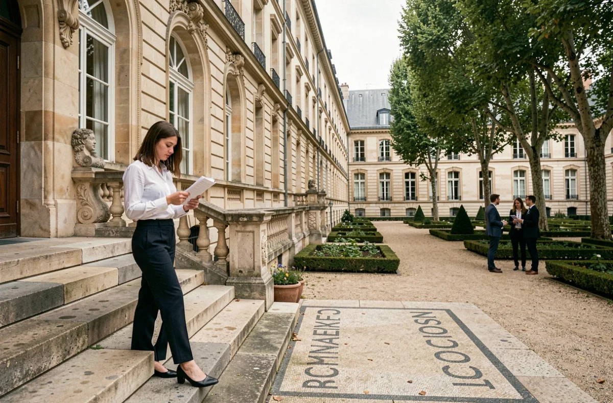 Étudiante du lycée Madeleine Daniélou révisant ses notes sur les marches d'un bâtiment Belle Époque