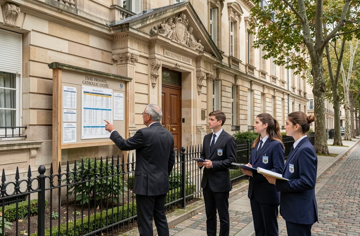 Professeur et élèves devant le tableau d'affichage du lycée Notre Dame dans les Hauts-de-Seine