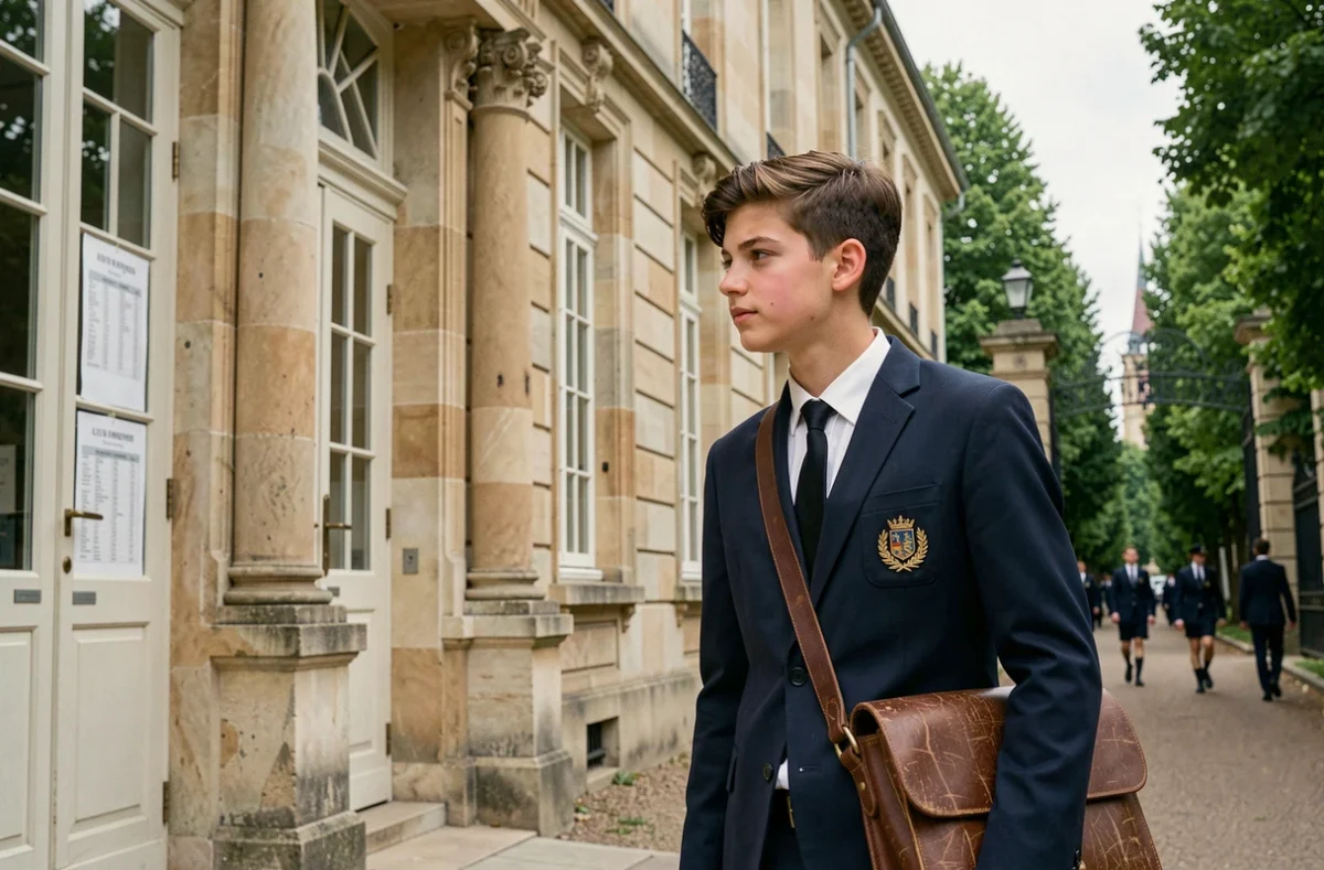 Lycéen en blazer avec cartable en cuir devant l'entrée du lycée Saint-Dominique dans les Hauts-de-Seine