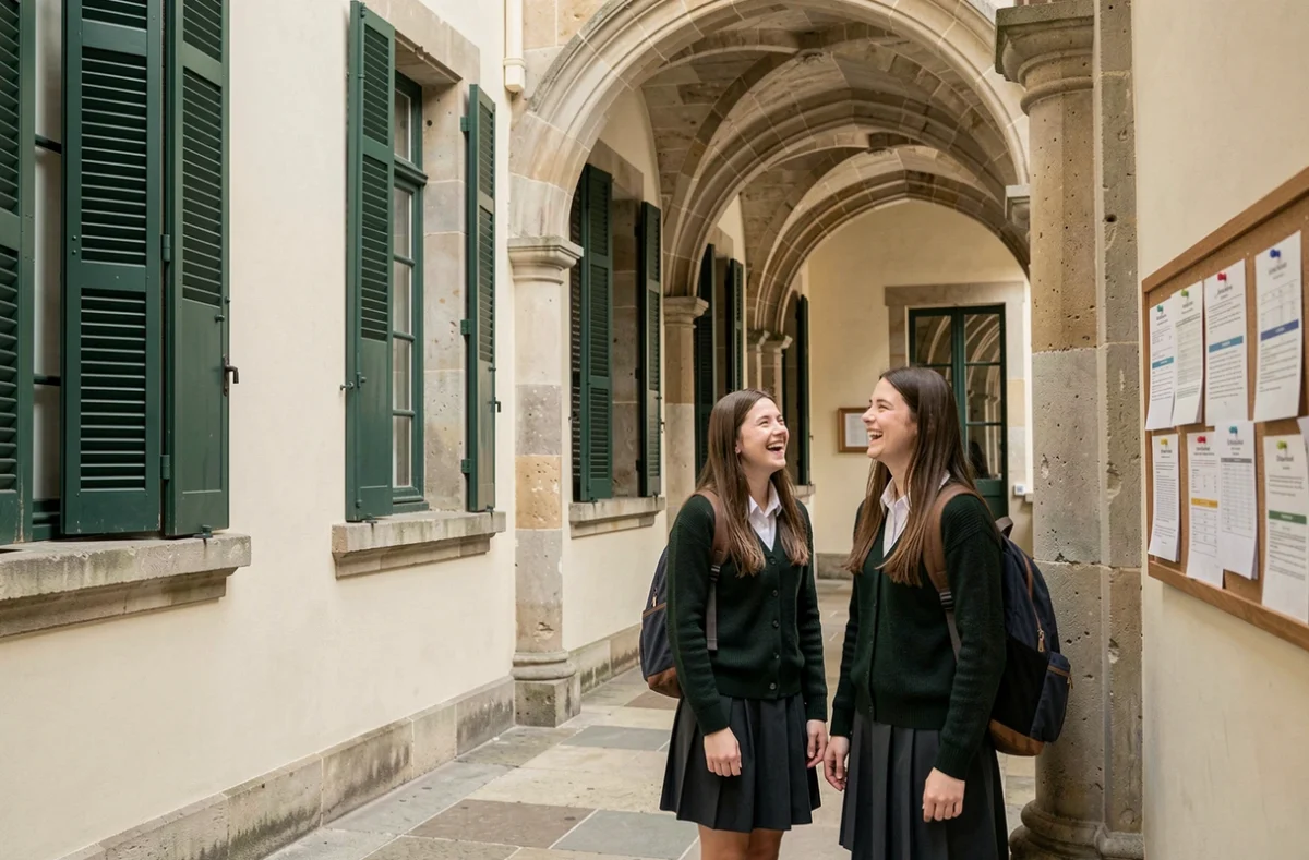 Lycéennes en uniforme riant dans le cloître du lycée Sainte Marie des Hauts-de-Seine