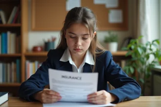 Lycéenne lisant un document d'assurance scolaire MAE à son bureau à la maison