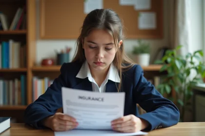 Lycéenne lisant un document d'assurance scolaire MAE à son bureau à la maison