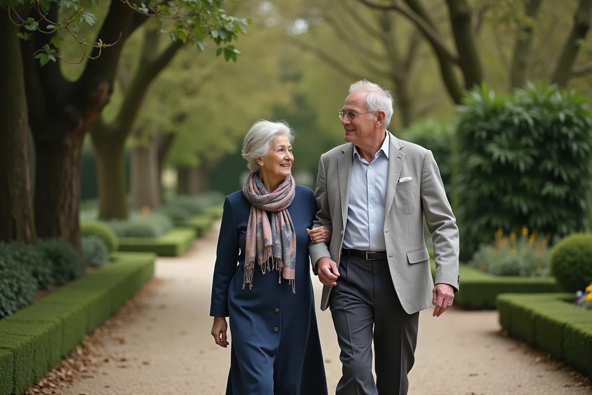Couple de retraités français se promenant dans un jardin parisien, illustration de la vie après la politique pour Alain Madelin et son épouse