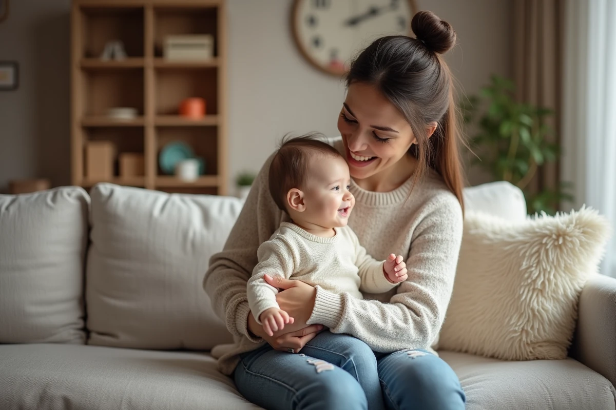 Maman souriante avec son bébé dans un salon chaleureux