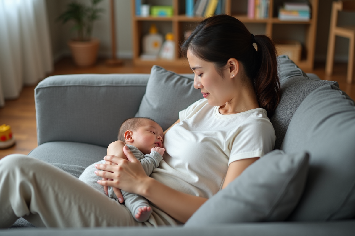 Jeune maman avec son bébé endormi sur le sofa