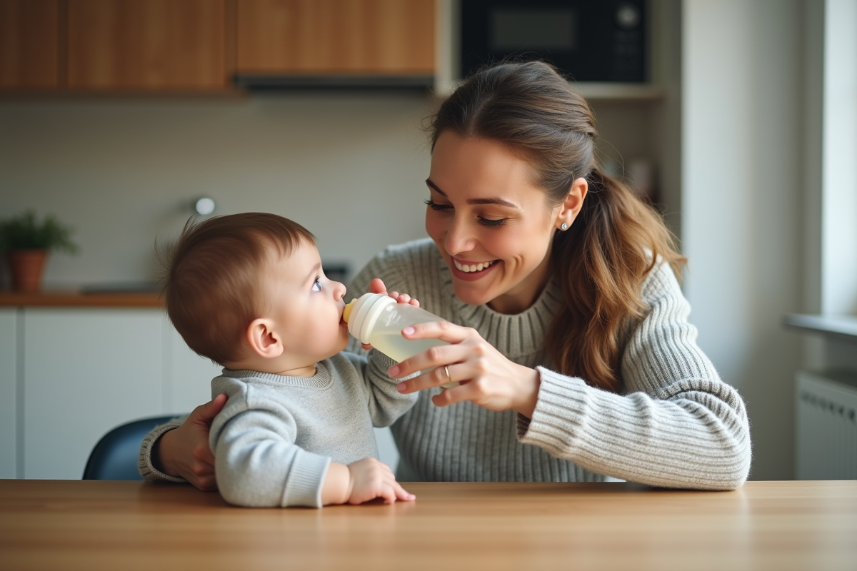 Jeune maman nourrissant son bébé au biberon à la maison