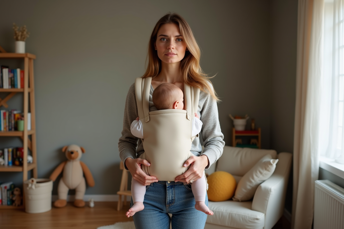 Jeune maman portant son bébé dans un porte-bébé en tissu dans un salon chaleureux