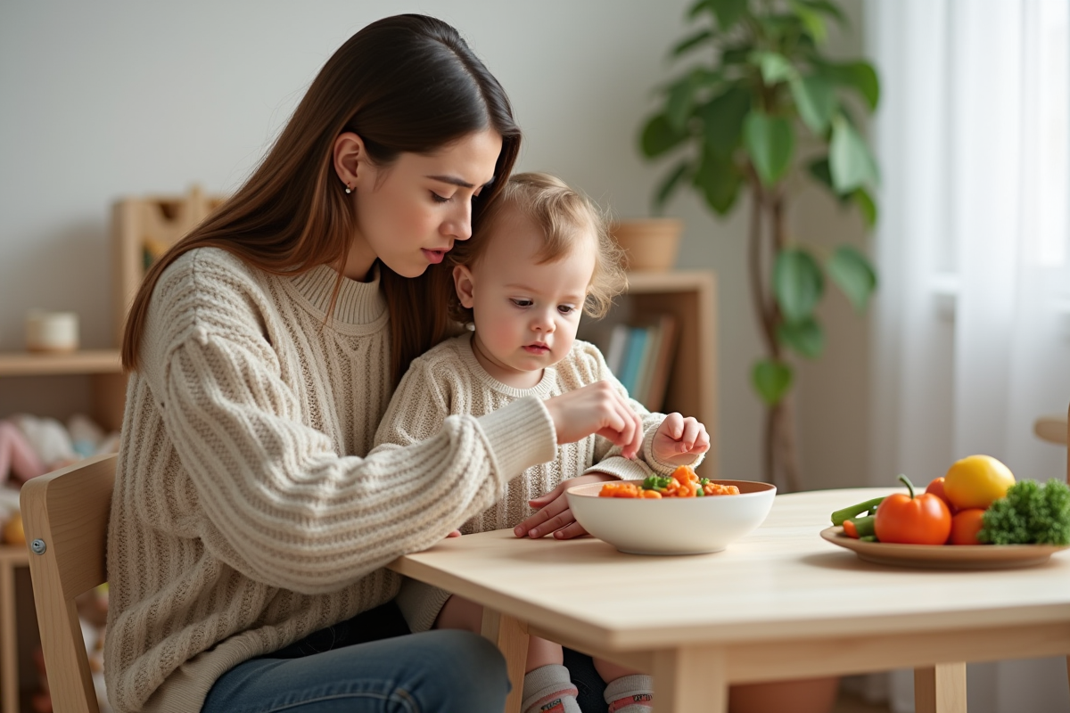 Maman expliquant à sa fille de 4 mois avec un bol de légumes