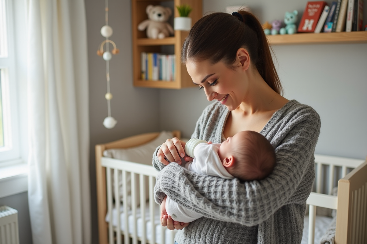 Jeune maman donnant le biberon à son bébé dans une nurserie chaleureuse