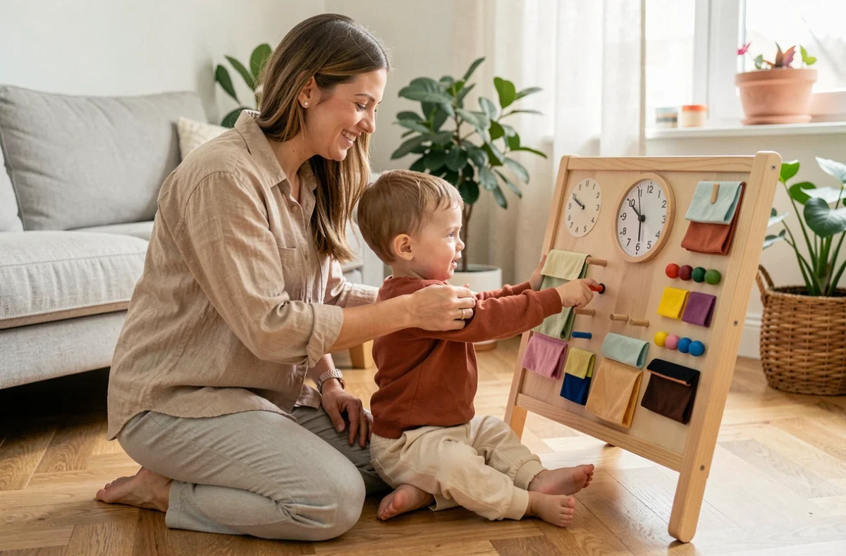 Maman et son fils de 2 ans jouant ensemble avec une busy board Montessori évolutive dans un salon familial chaleureux