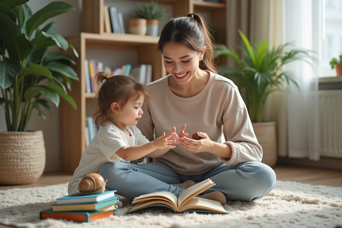 Maman et fille mimant des escargots dans la maison
