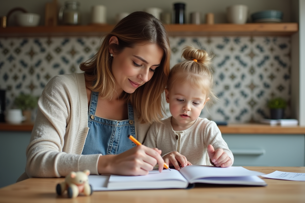 Maman et fille remplissant un carnet de santé dans la cuisine