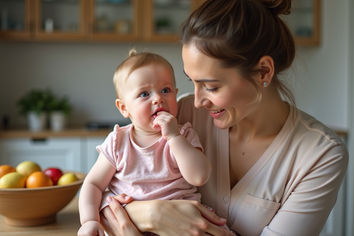 Maman tenant sa fille de 8 mois sur ses genoux à la cuisine