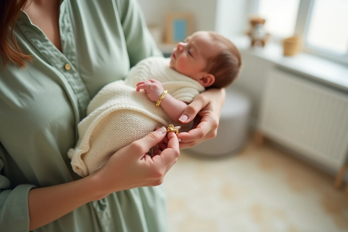 Maman attachant une gourmette dorée au poignet d'un nouveau-né lors du baptême, bijou de bébé en or fin
