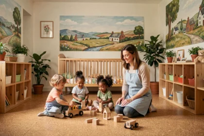 Salle de jeux d'une crèche en Ille-et-Vilaine avec des enfants en bas âge jouant sous la supervision d'une éducatrice bienveillante