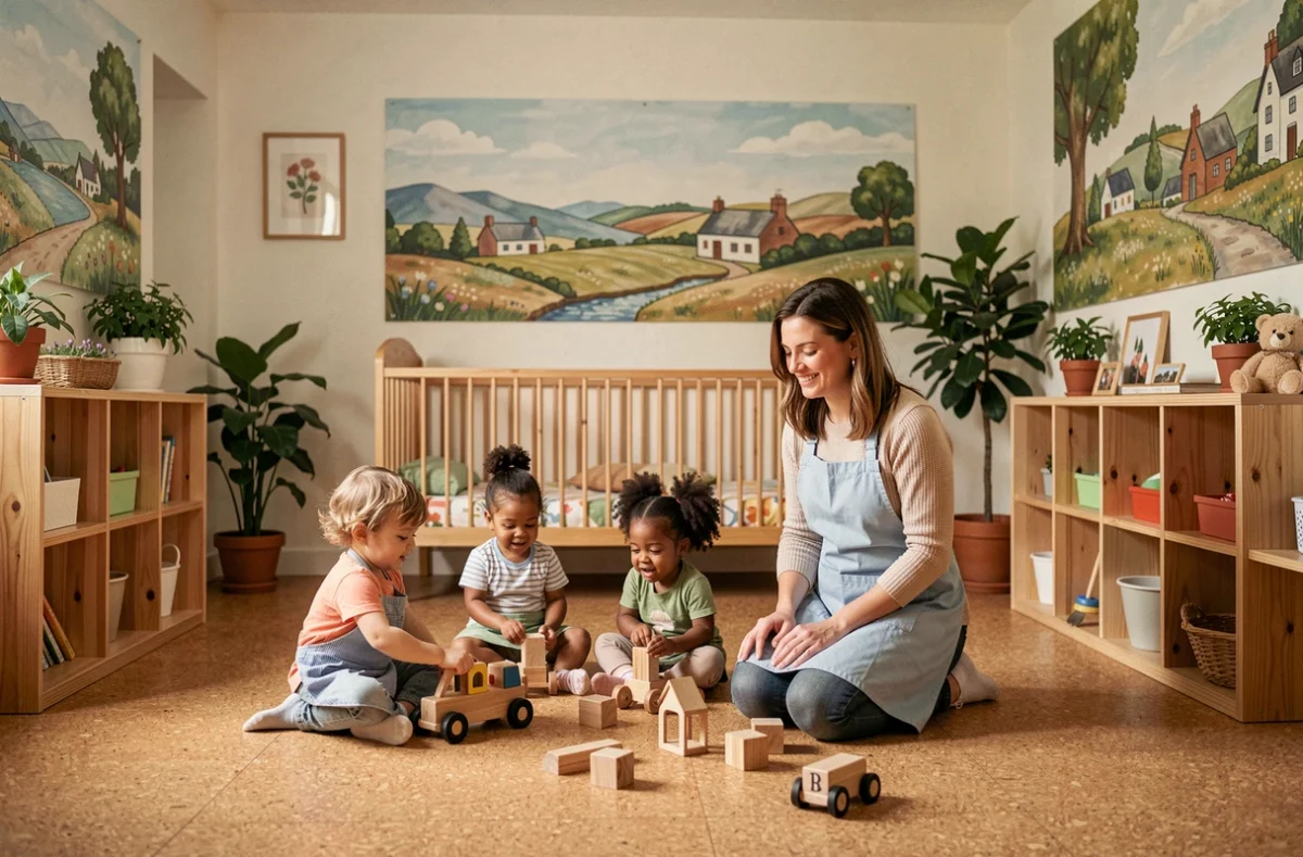 Salle de jeux d'une crèche en Ille-et-Vilaine avec des enfants en bas âge jouant sous la supervision d'une éducatrice bienveillante