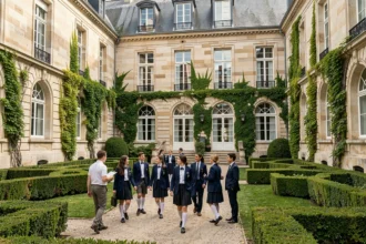 Cour d'une école privée dans les Hauts-de-Seine avec des élèves en uniforme devant une façade en pierre de style haussmannien