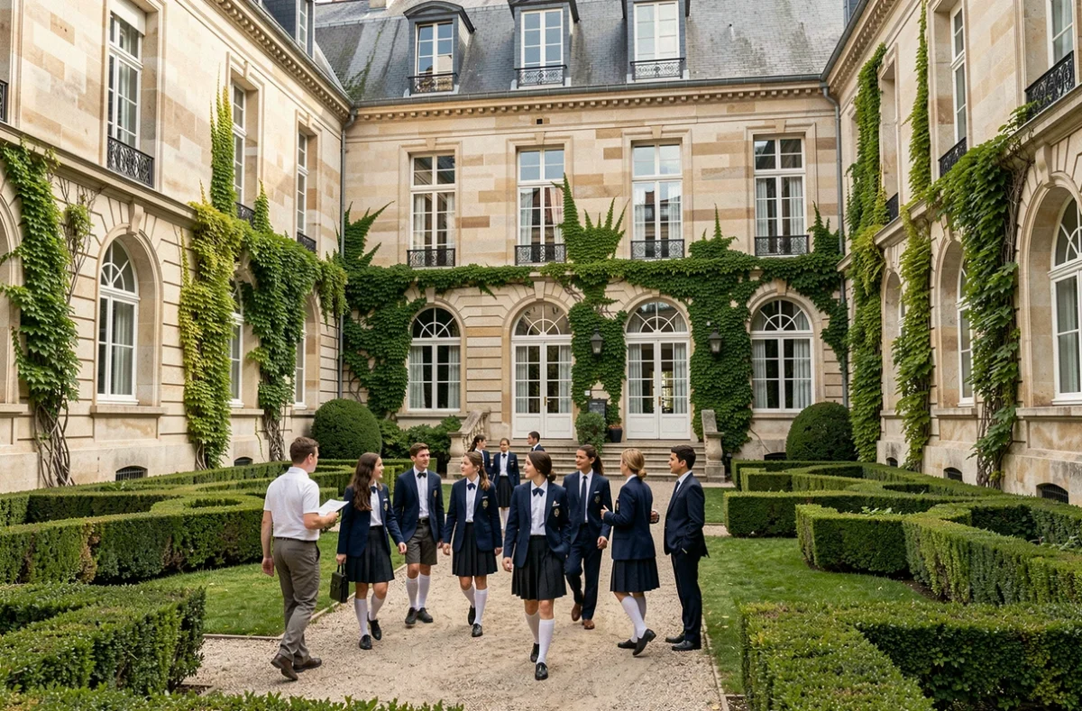 Cour d'une école privée dans les Hauts-de-Seine avec des élèves en uniforme devant une façade en pierre de style haussmannien
