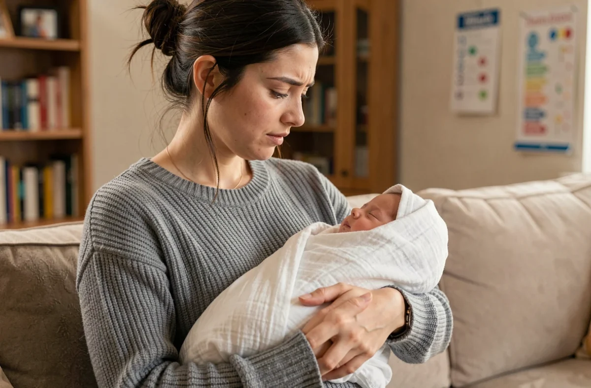 Mère tenant sa bébé fille de 3 mois emmaillotée dans une couverture blanche à la maison