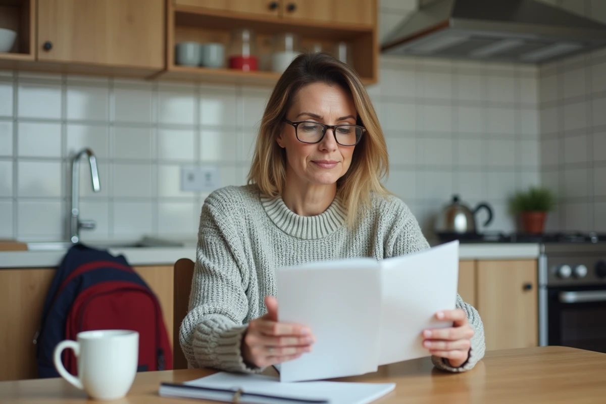 Mère de famille gérant une assurance scolaire MAE en ligne depuis sa cuisine