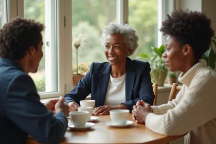 Mère de famille noire élégante partageant un moment de complicité avec ses enfants adultes autour d'une table en bois, illustrant résilience et liens familiaux
