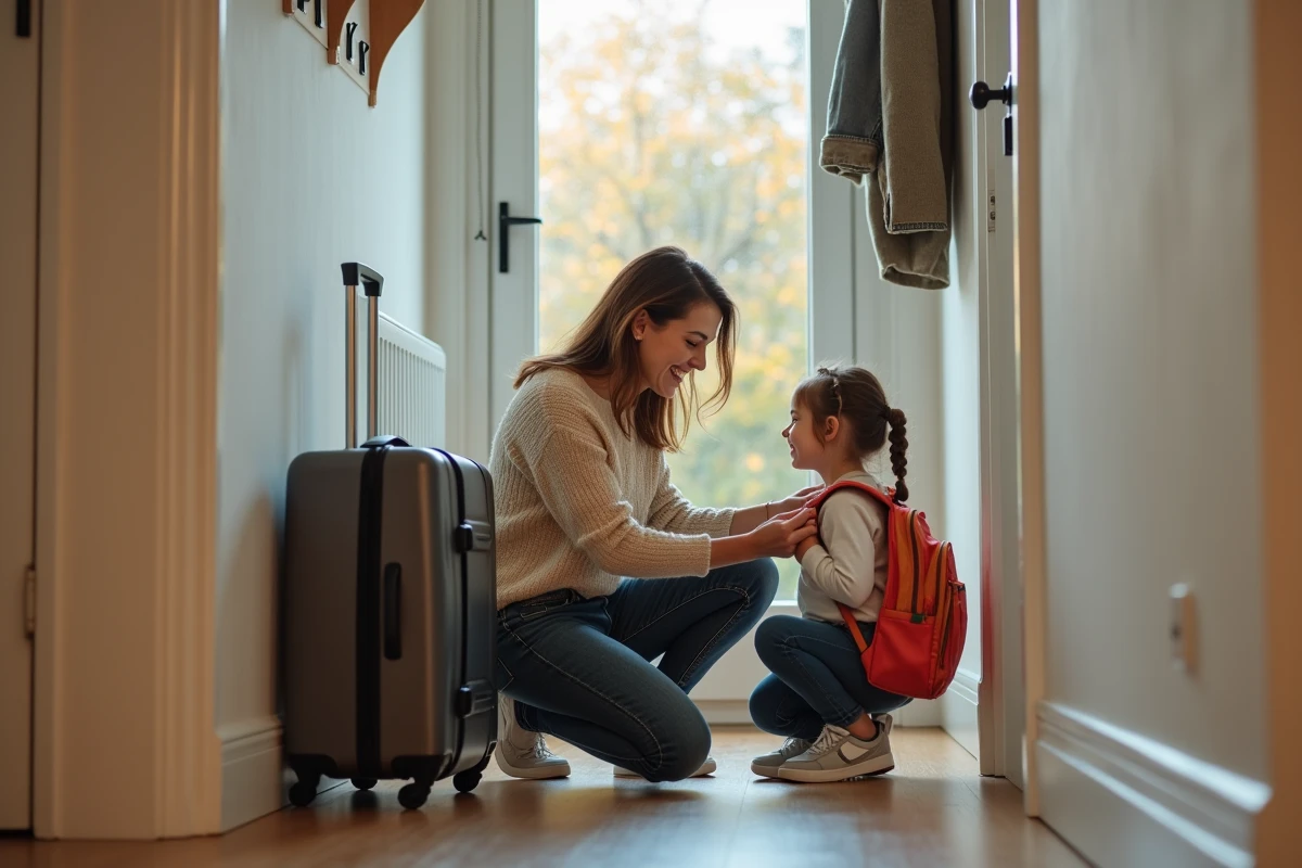 Mère aidant sa fille à préparer son sac avant un départ en garde alternée pendant les vacances de la Toussaint