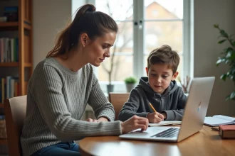 Mère en télétravail à son bureau à domicile avec son enfant à ses côtés pendant une grève de la cantine scolaire