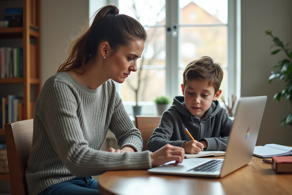 Mère en télétravail à son bureau à domicile avec son enfant à ses côtés pendant une grève de la cantine scolaire