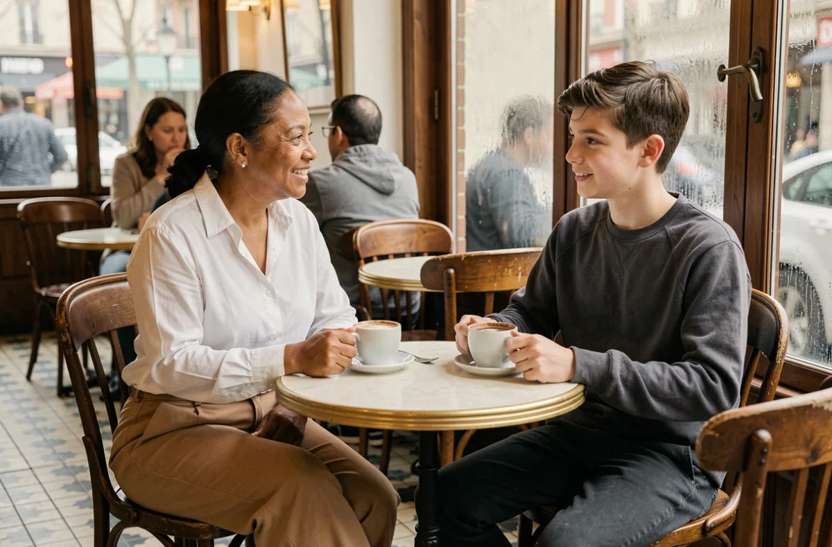 Mia Frye et son fils Chaka en conversation dans un café parisien authentique, symbolisant leur relation mère-fils exceptionnelle