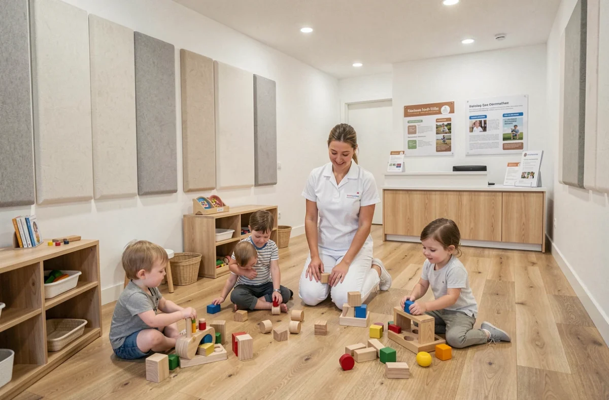 Petite salle d'une micro-crèche privée en Ille-et-Vilaine avec des tout-petits jouant sous la supervision d'une professionnelle