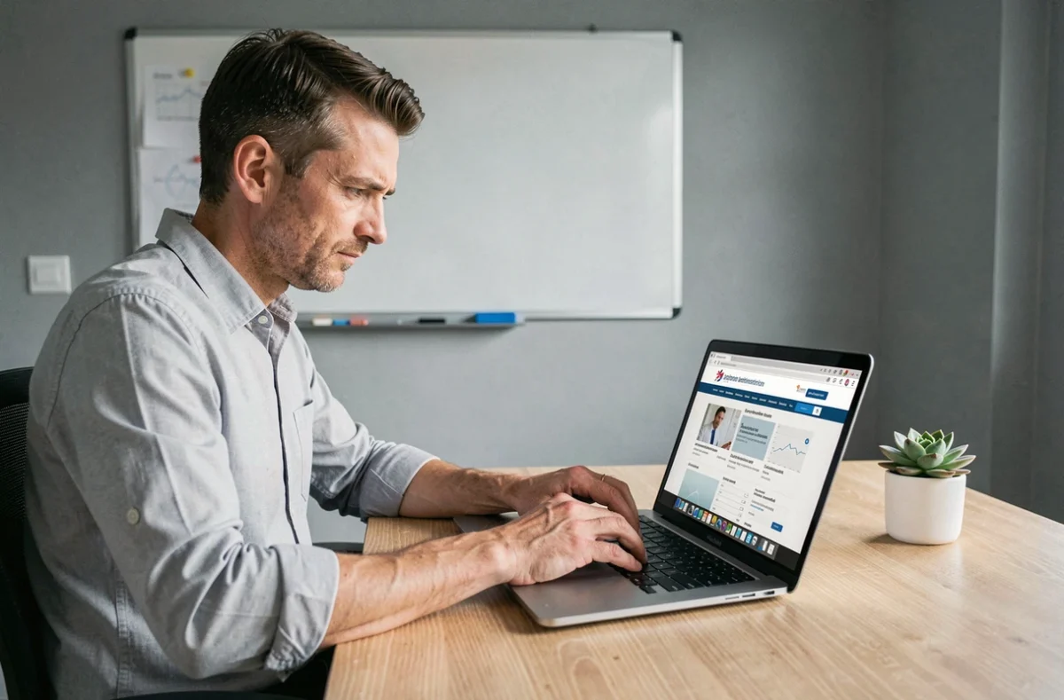 Homme corrigeant sa déclaration d'impôts en ligne sur un ordinateur portable dans un bureau à domicile