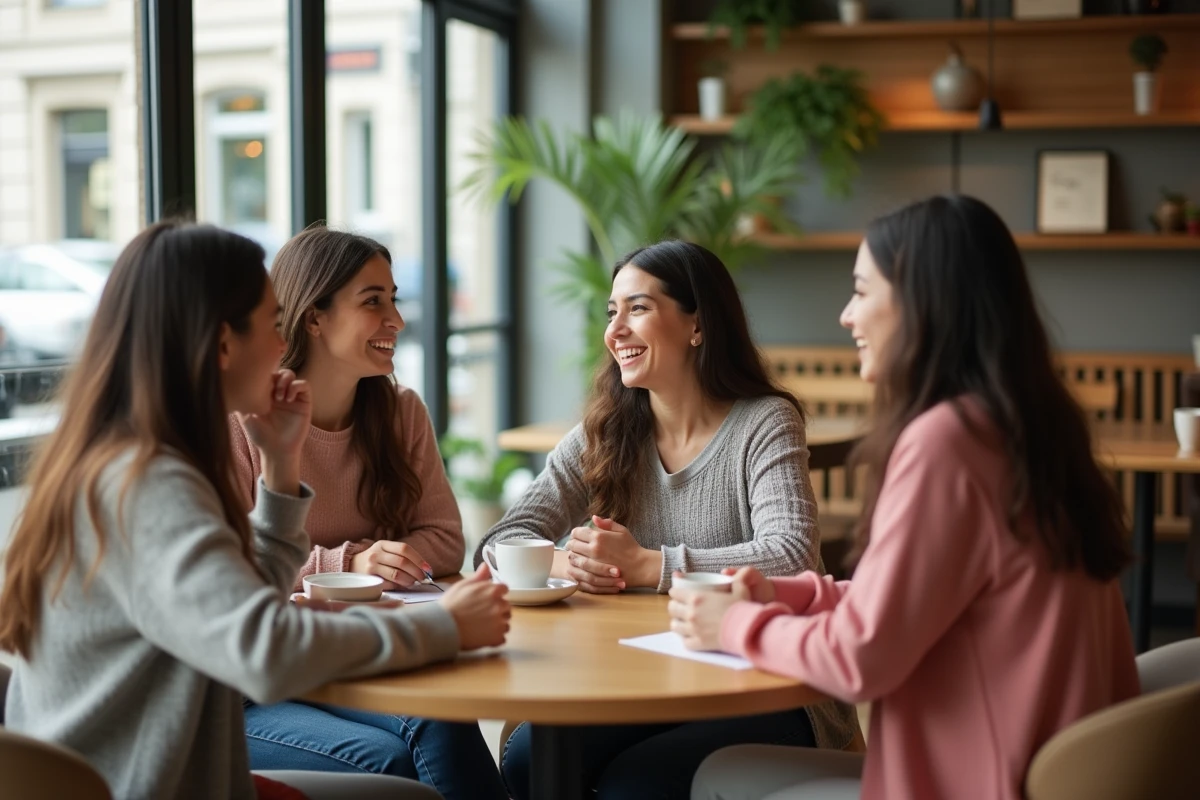 Groupes de jeunes mamans discutant dans un café moderne
