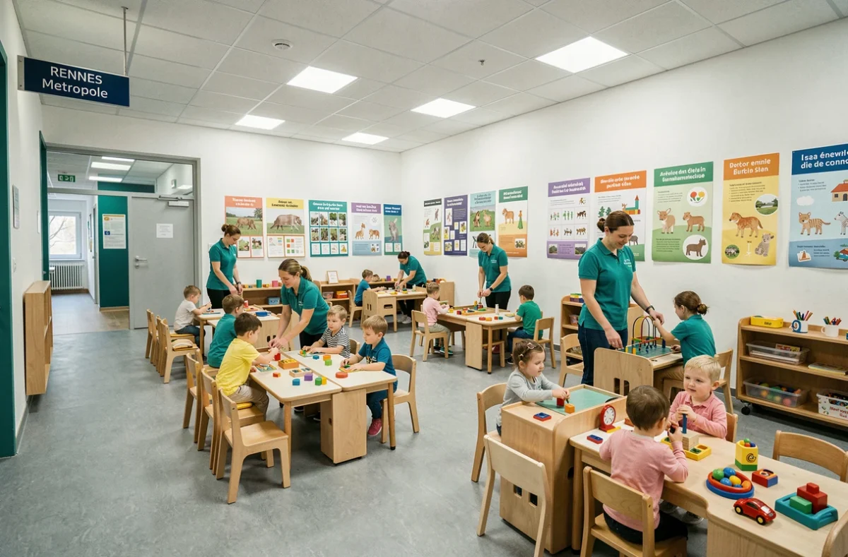 Grande salle d'un multi-accueil municipal de Rennes Métropole avec plusieurs groupes de tout-petits et des éducateurs