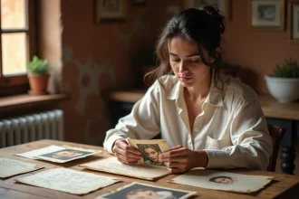 Jeune femme aux origines méditerranéennes consultant des photos de famille anciennes à une table en bois, illustrant les racines familiales et l'héritage culturel